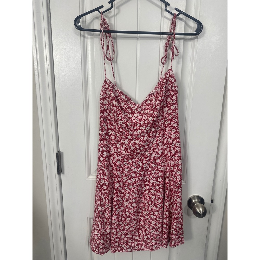 Reformation Red White Floral Tie Strap Smocked Back Mini Dress Size 10 - Picture 2 of 10